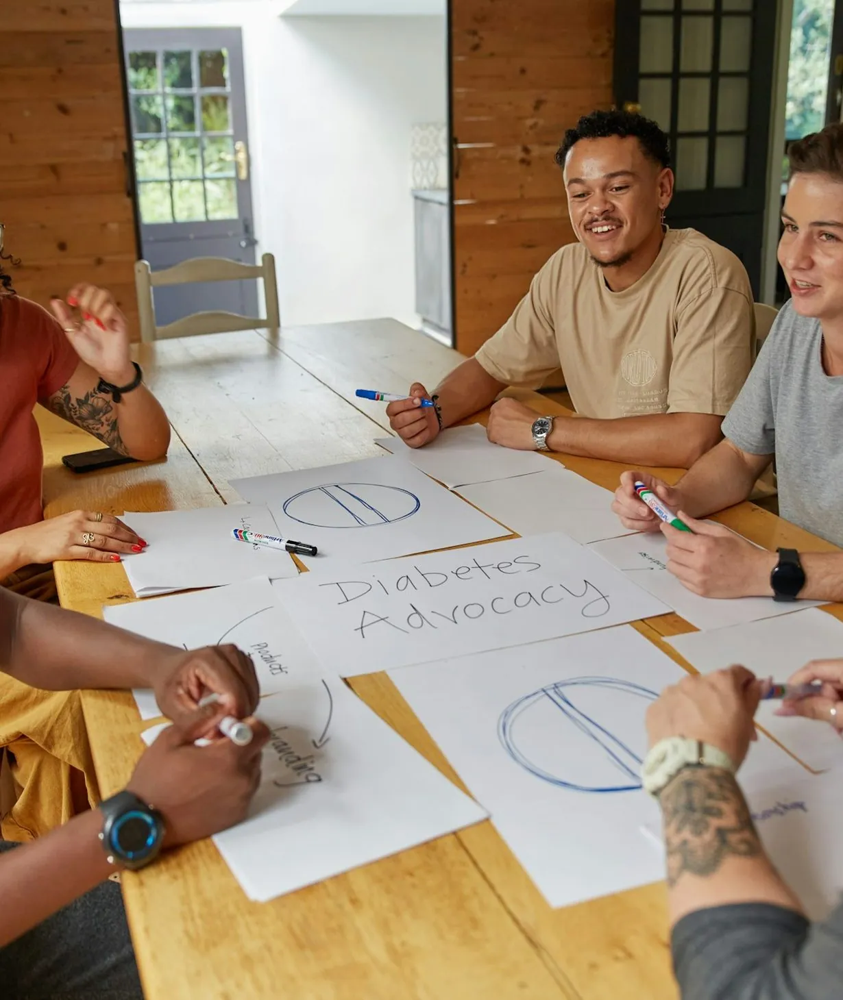 Team discussing a project around a table