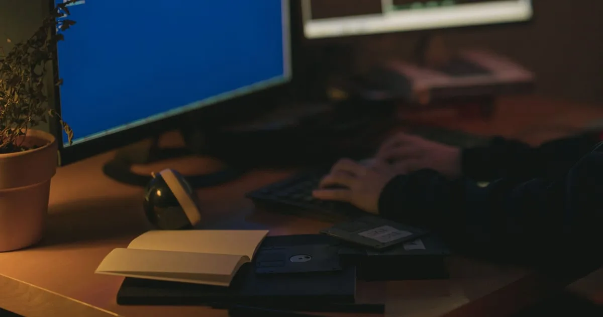 Developer at a desk reviewing database code on two monitors in a dimly lit office